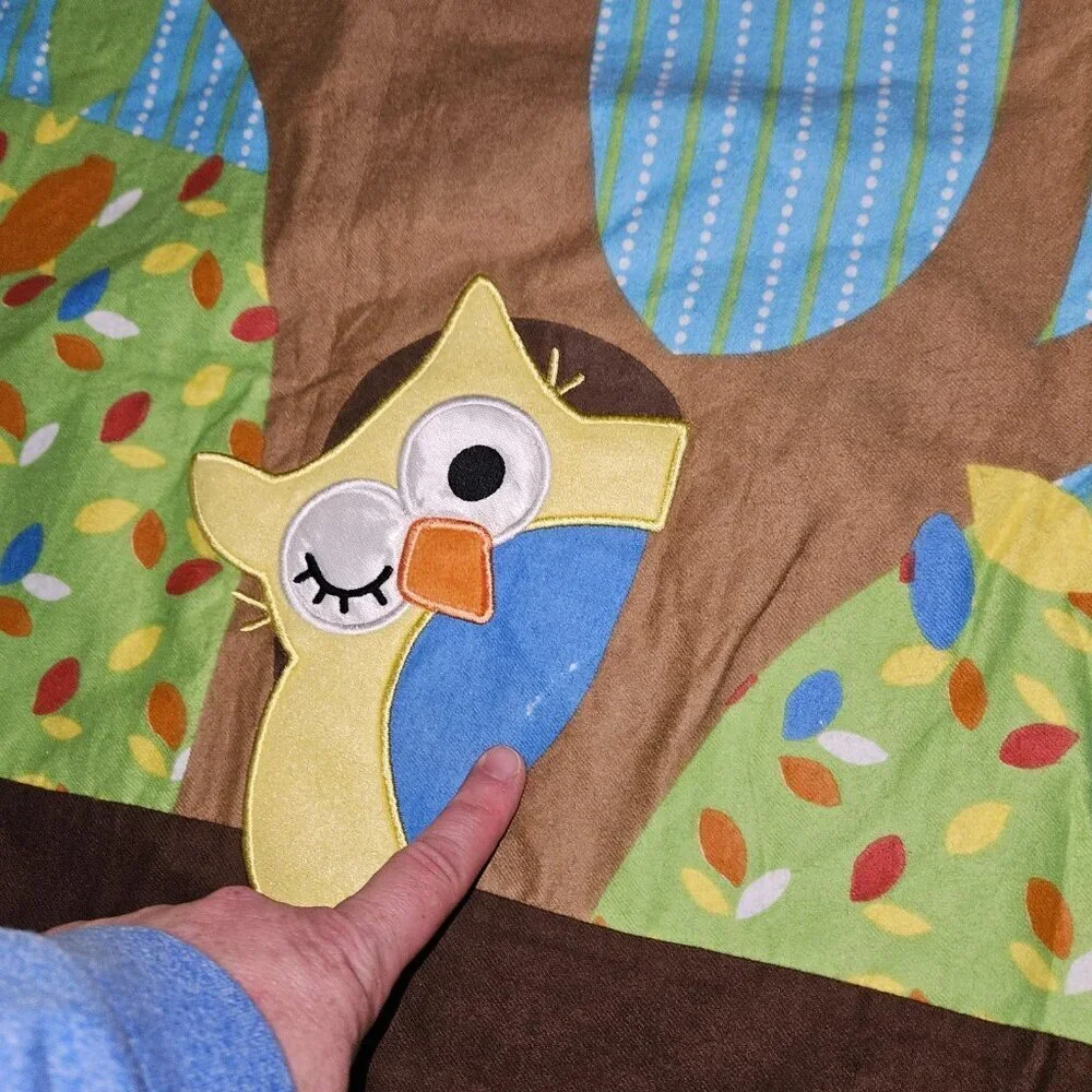 Handmade Baby Blanket Comforter Wall Decor 35x41 Owls In Tree Leaves Blue Brown